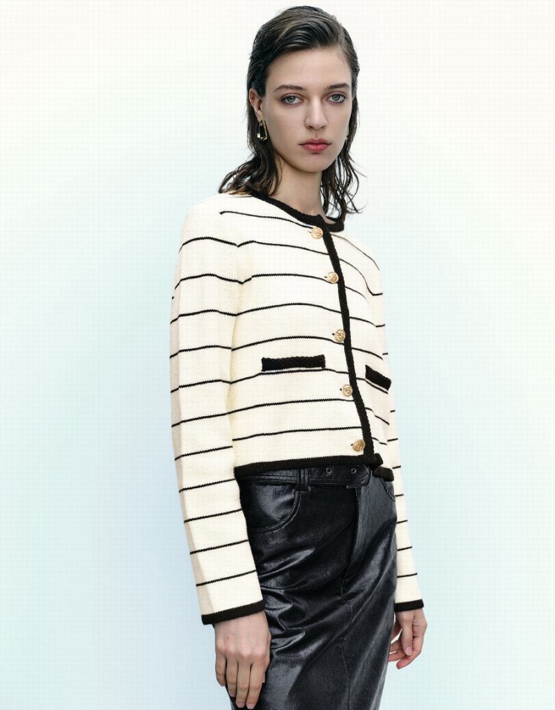 Urban Revivo Striped Crew Neck Knitted With Fake Pockets Women's Cardigan Black | EDB6470XM