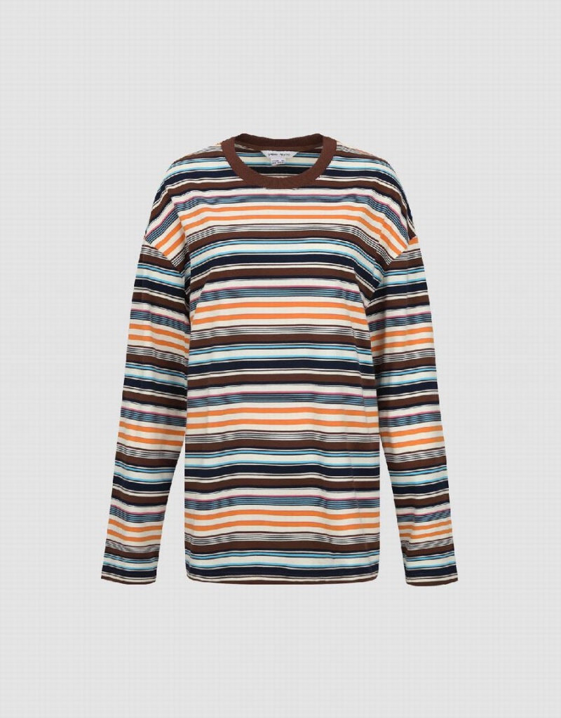 Urban Revivo Striped Crew Neck Loose Women's T Shirts Orange | AIF445NZ