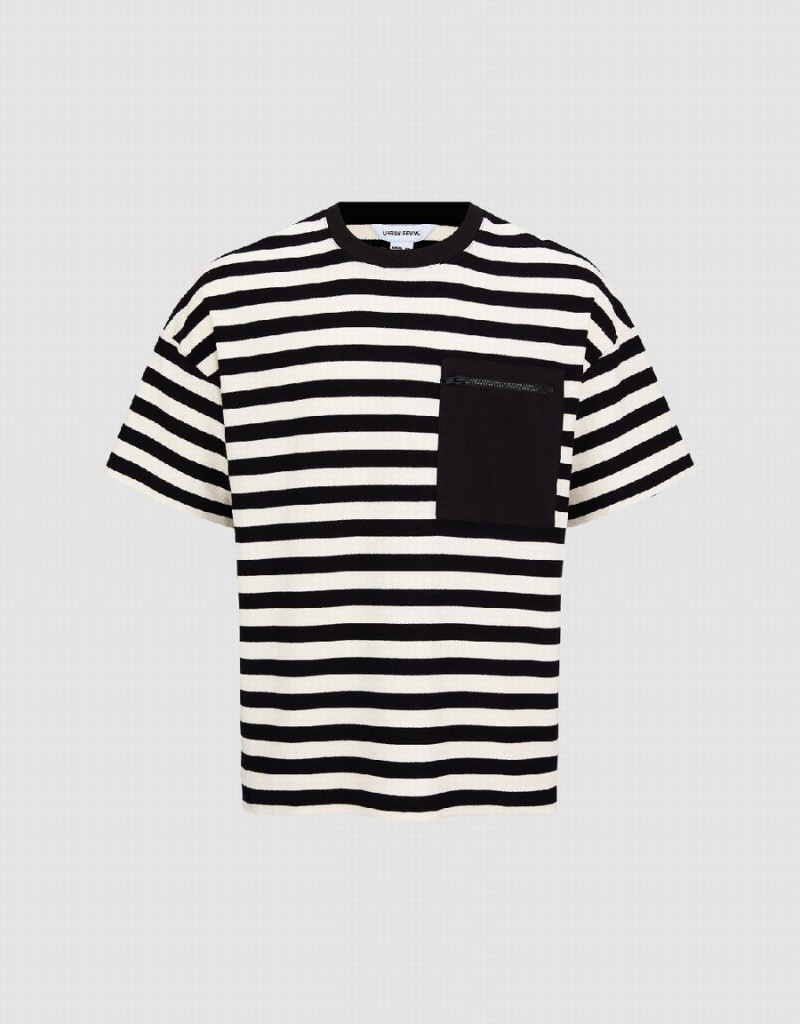 Urban Revivo Striped Crew Neck Men's T Shirts Black | AEY9168MC