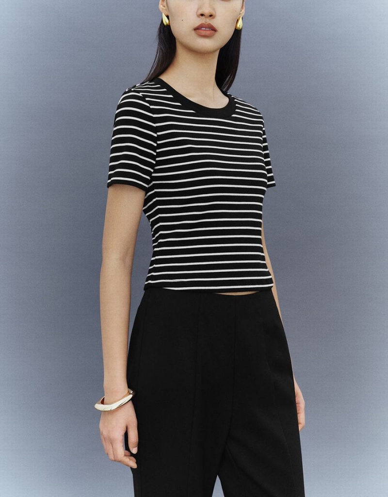 Urban Revivo Striped Crew Neck Skinny Women's T Shirts Black | AOT534MZ