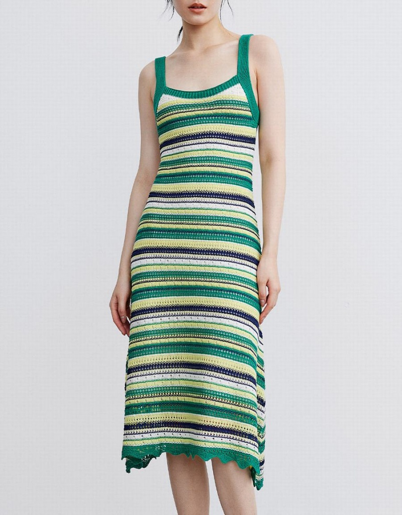 Urban Revivo Striped Knitted Cami Women's Dress Green | TGL6158XS