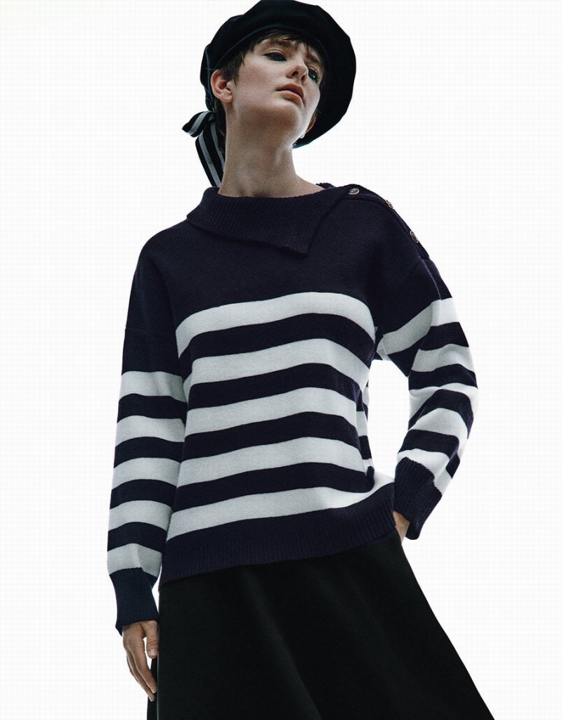 Urban Revivo Striped Knitted Women\'s Cardigan Blue | EHU19GT