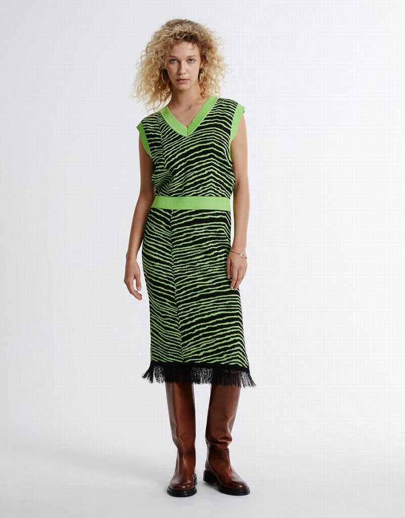 Urban Revivo Striped Knitted Women's Skirts Green Black | ZIQ1548VI