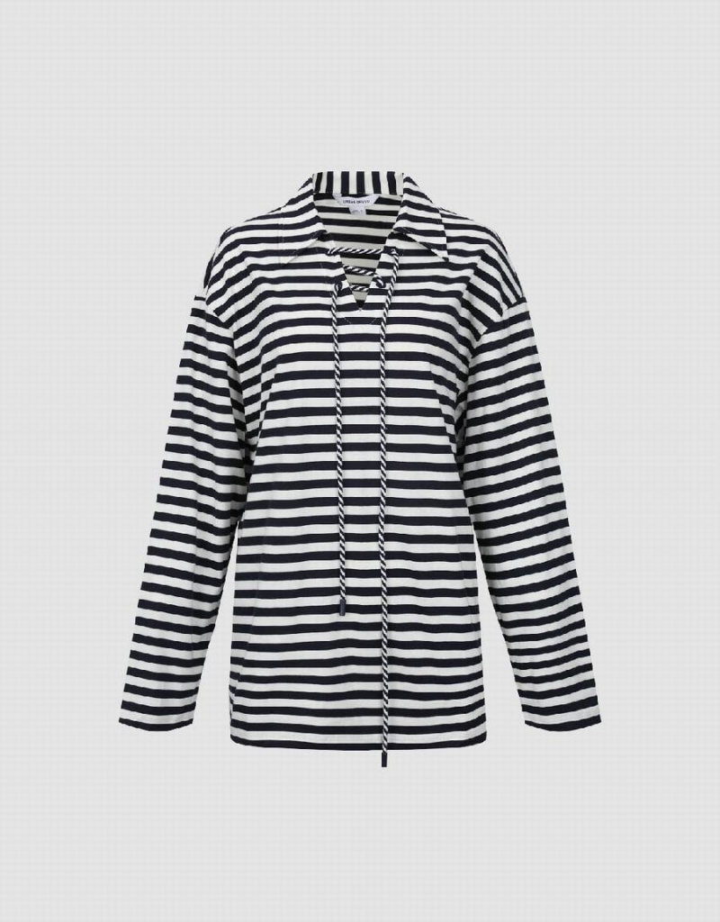 Urban Revivo Striped Lapel Loose Women's T Shirts Blue | ZAH4011IP