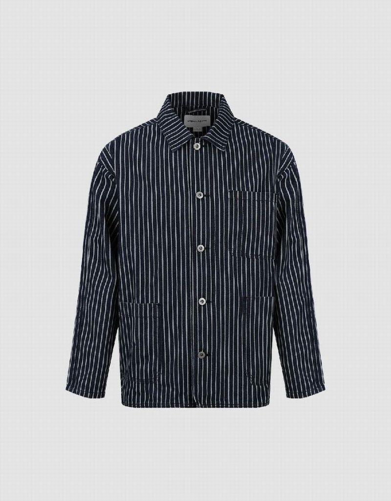 Urban Revivo Striped Men's Denim Jackets Blue | CRD1431PH