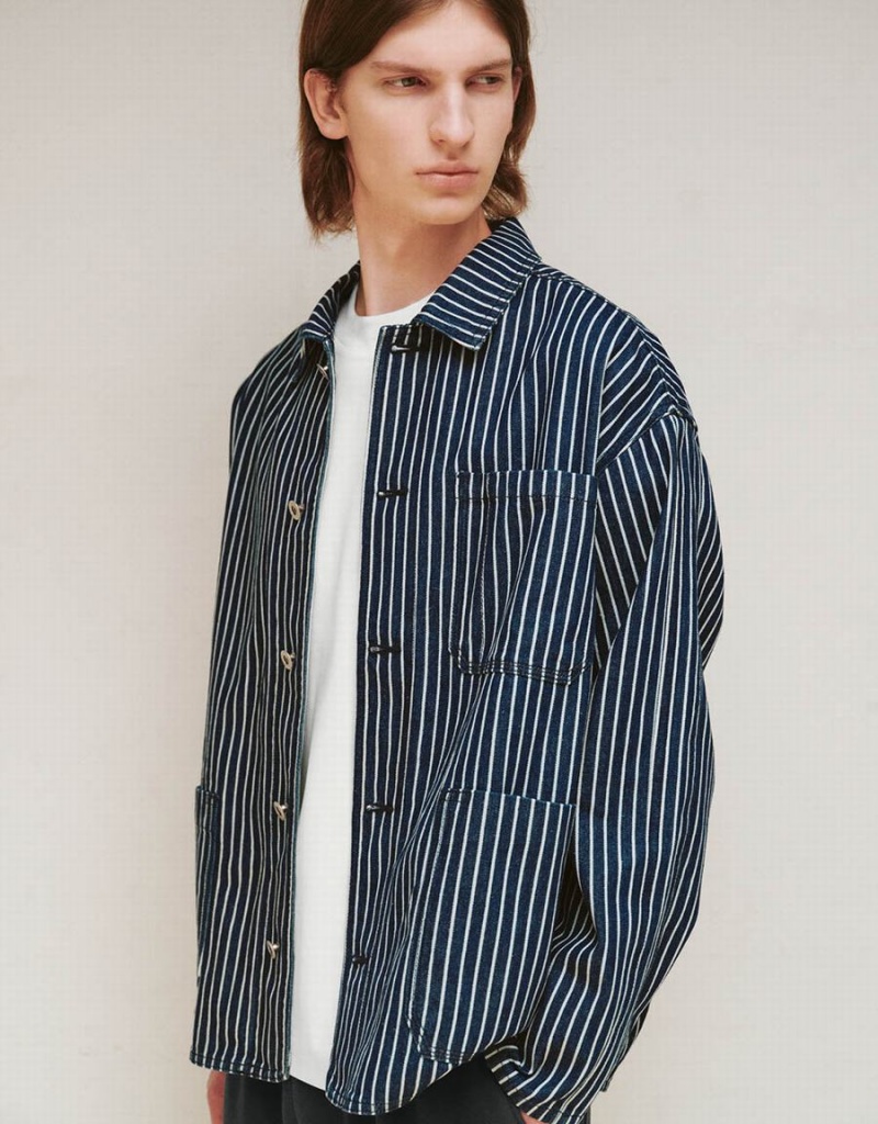 Urban Revivo Striped Men's Denim Jackets Blue | CRD1431PH