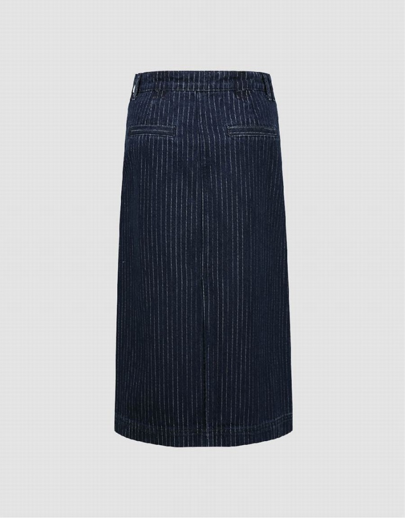 Urban Revivo Striped Midi Straight Denim Women's Skirts Blue | YJM9653KJ