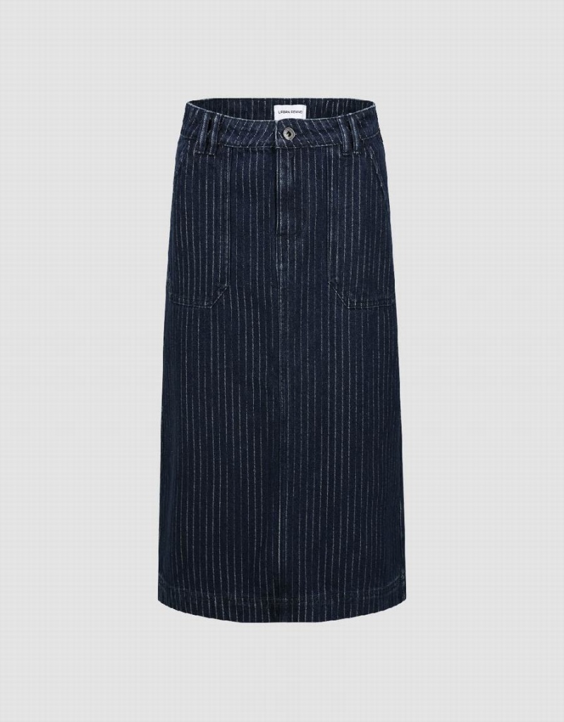 Urban Revivo Striped Midi Straight Denim Women\'s Skirts Blue | YJM9653KJ