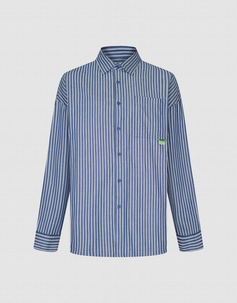 Urban Revivo Striped Oversized Men's Shirts Blue | EHS5061FE