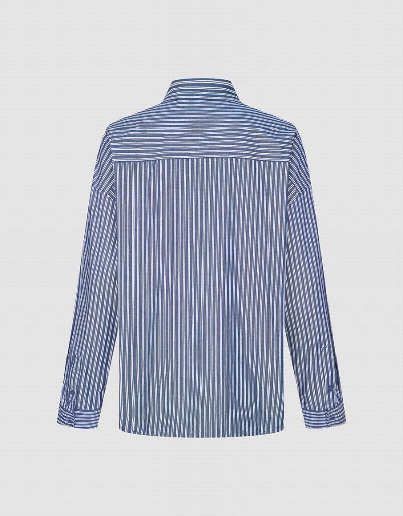 Urban Revivo Striped Oversized Men's Shirts Blue | EHS5061FE