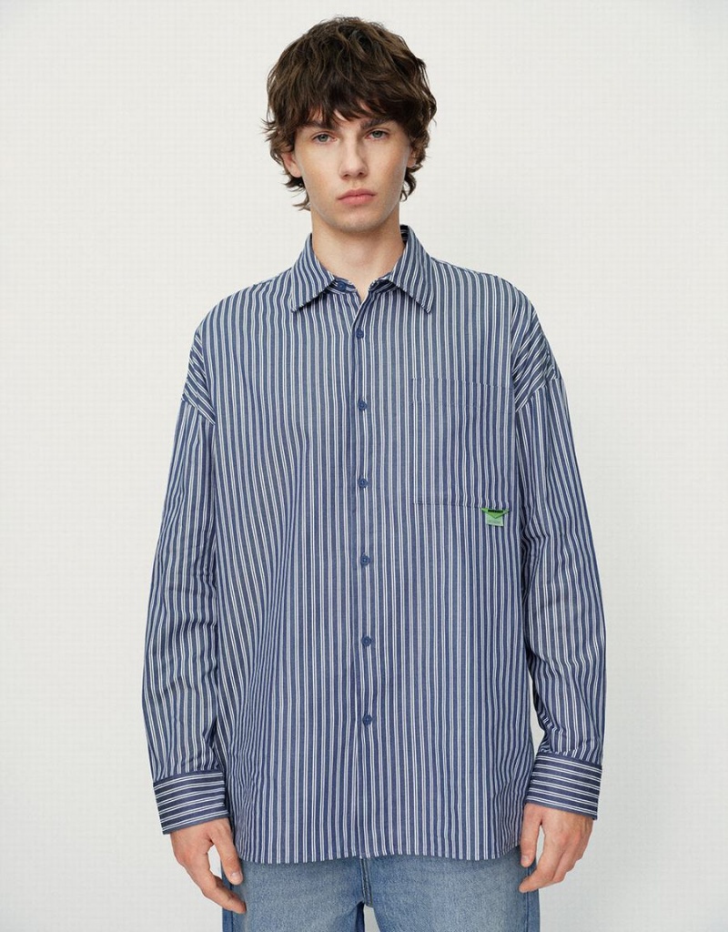 Urban Revivo Striped Oversized Men\'s Shirts Blue | EHS5061FE