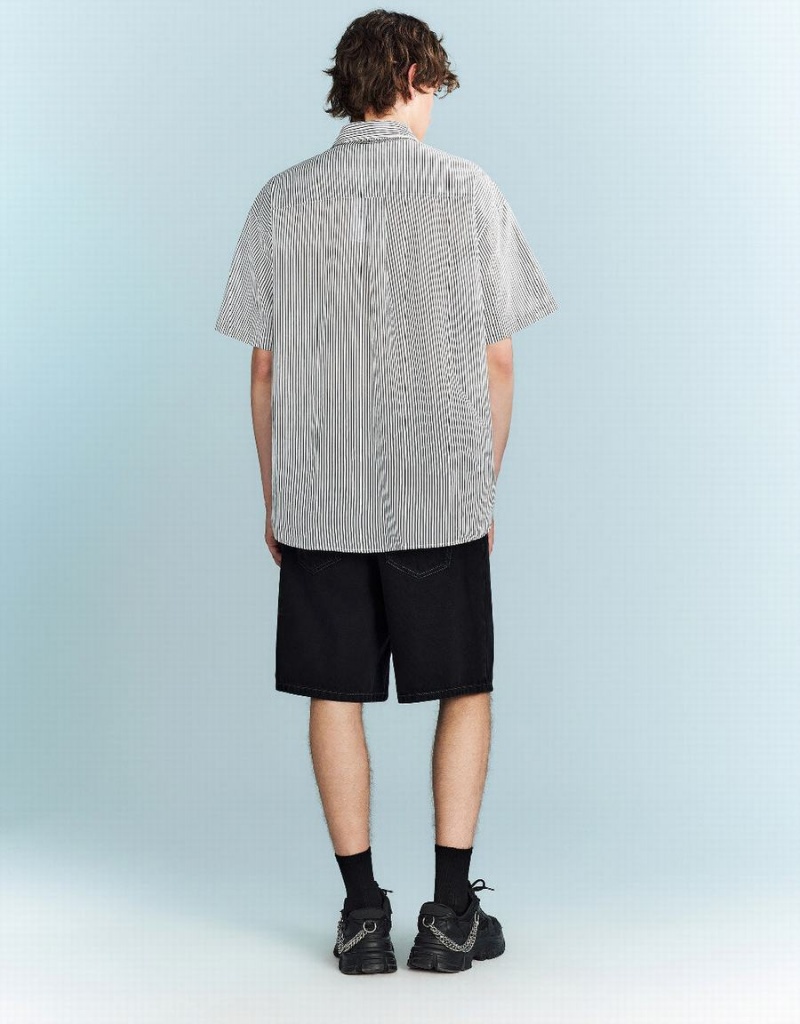 Urban Revivo Striped Oversized Men's Shirts Black | XBT584GJ