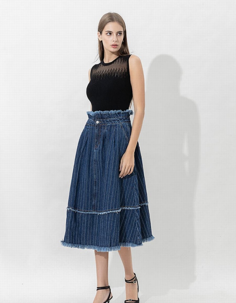 Urban Revivo Striped Raw Hem Midi A-Line Denim Women's Skirts Dark Blue | FZY4027ST