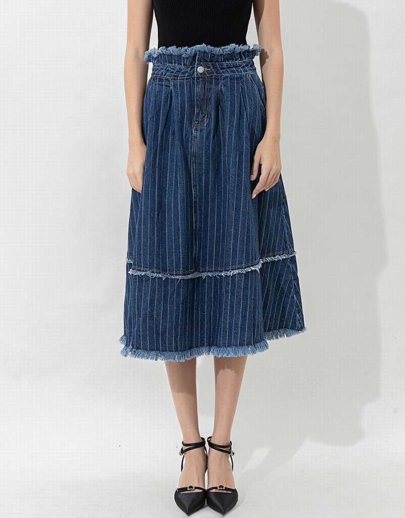 Urban Revivo Striped Raw Hem Midi A-Line Denim Women's Skirts Dark Blue | FZY4027ST