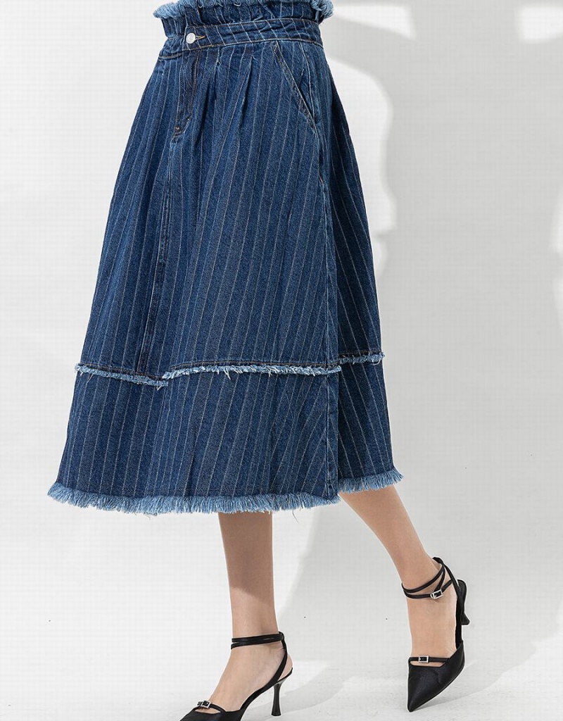 Urban Revivo Striped Raw Hem Midi A-Line Denim Women's Skirts Dark Blue | FZY4027ST