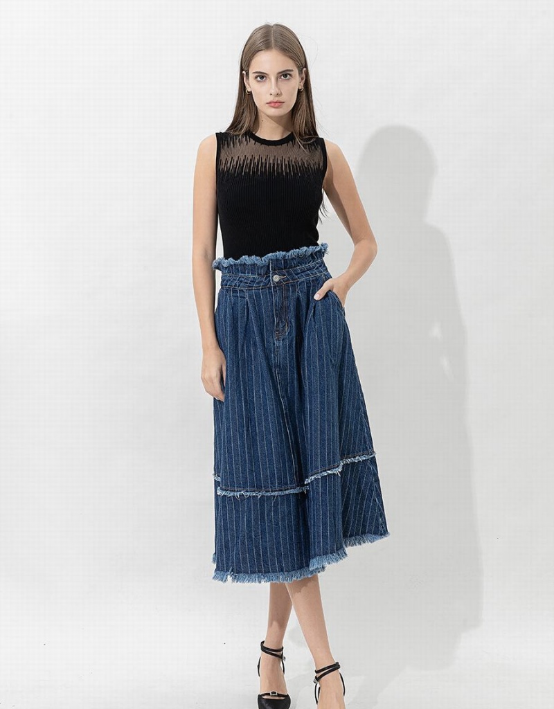 Urban Revivo Striped Raw Hem Midi A-Line Denim Women\'s Skirts Dark Blue | FZY4027ST