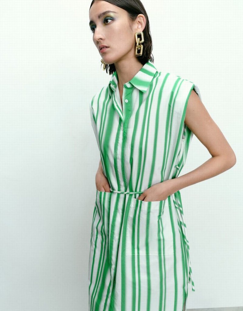 Urban Revivo Striped Sleeveless Women's Dress Green | KKH8666YF