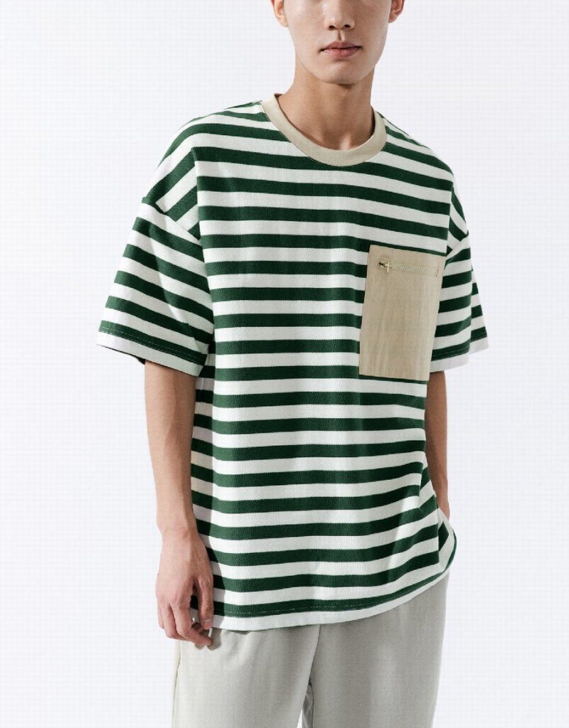 Urban Revivo Striped Straight Men's T Shirts Green | MLV8384QP