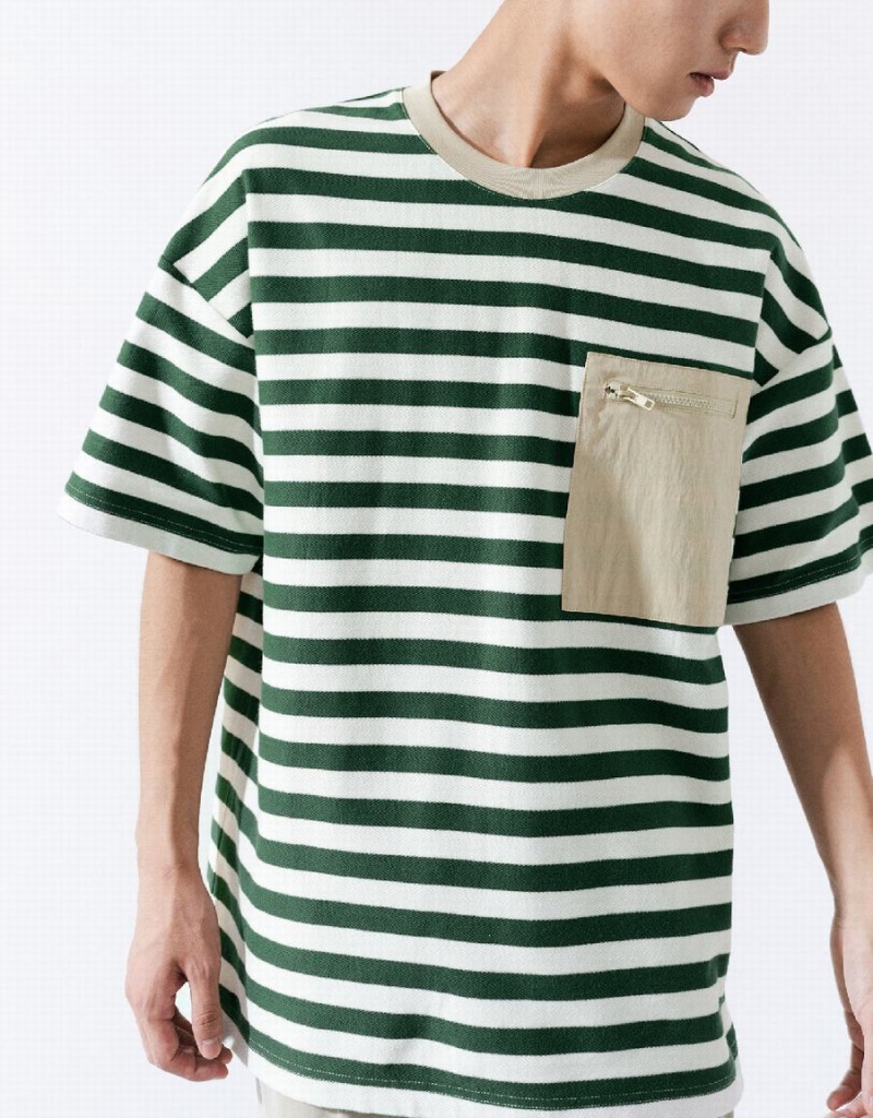 Urban Revivo Striped Straight Men's T Shirts Green | MLV8384QP