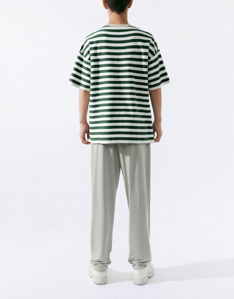 Urban Revivo Striped Straight Men's T Shirts Green | MLV8384QP