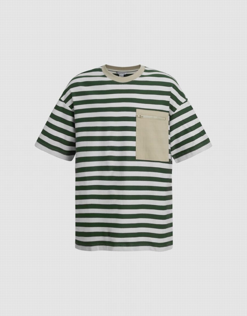 Urban Revivo Striped Straight Men\'s T Shirts Green | MLV8384QP