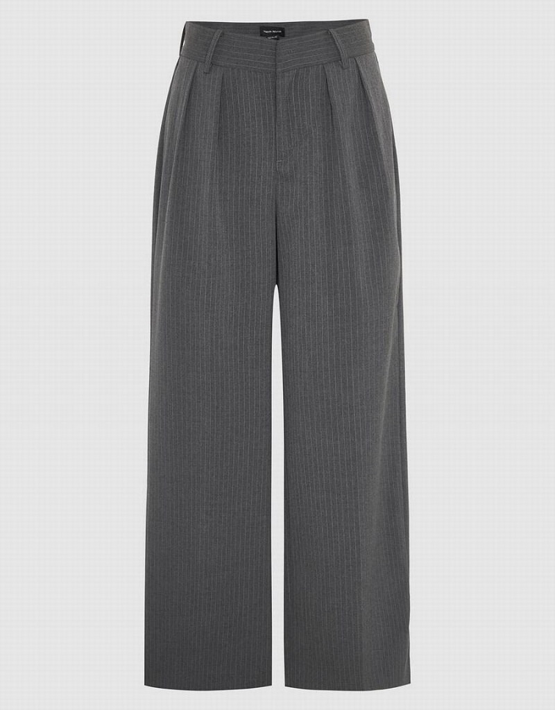 Urban Revivo Striped Tailored Wide-Leg Women\'s Pants Grey | IBJ6114XK