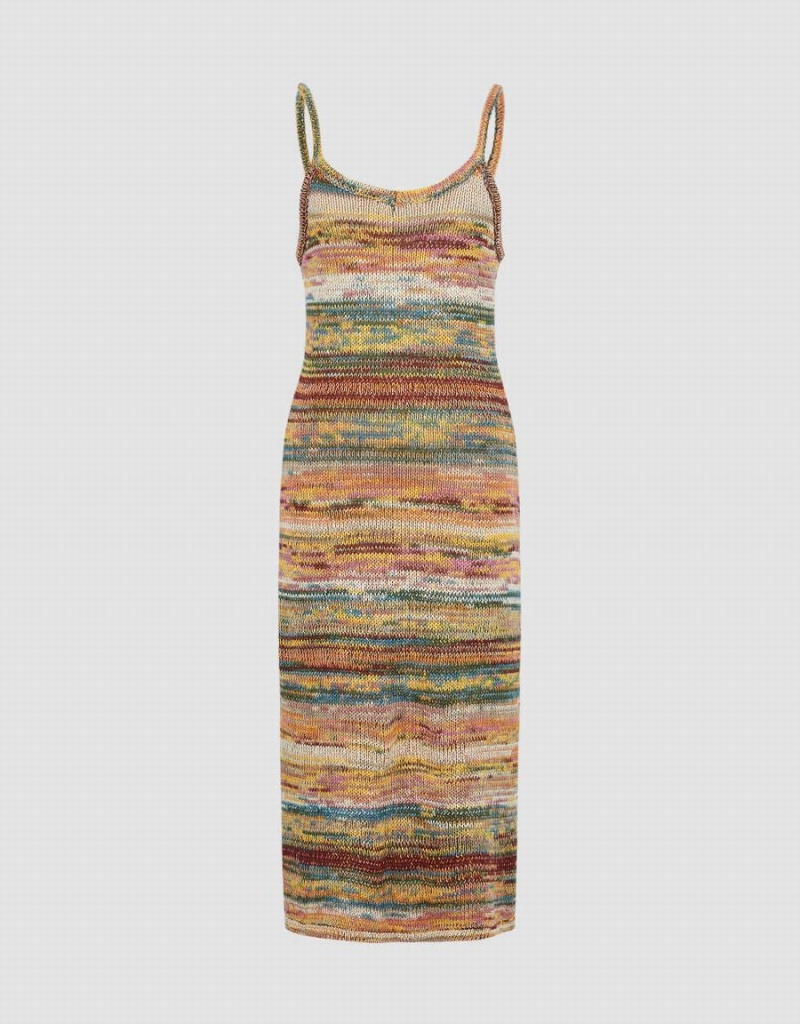 Urban Revivo Striped V-Neck Knitted Cami Women's Dress Multicolor | IKD9267ZR