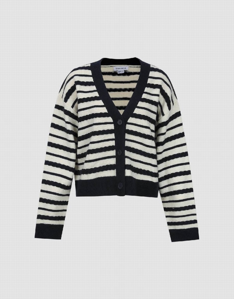 Urban Revivo Striped V-Neck Knitted Women's Cardigan Blue | AET5577NX