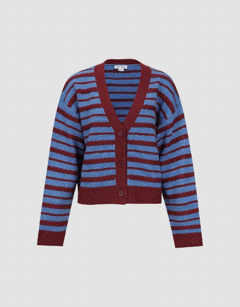 Urban Revivo Striped V-Neck Knitted Women's Cardigan Red | PEH2481AJ