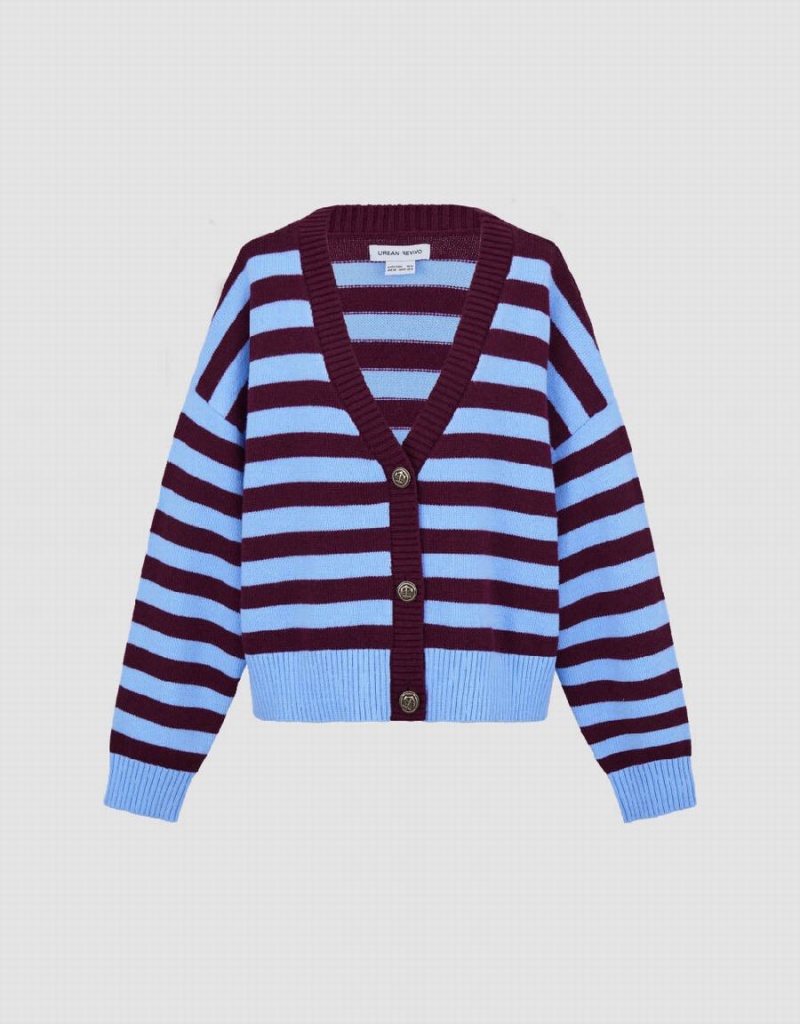 Urban Revivo Striped V-Neck Knitted Women's Cardigan Red | CKY4695DJ