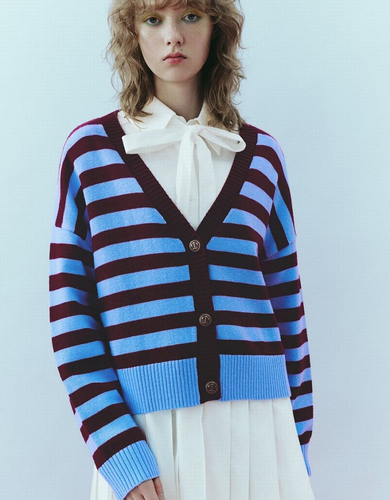 Urban Revivo Striped V-Neck Knitted Women's Cardigan Red | CKY4695DJ