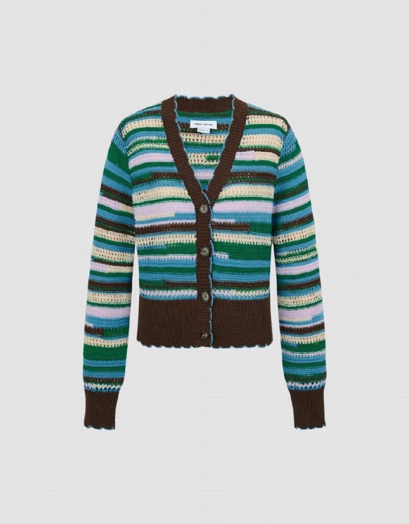 Urban Revivo Striped V-Neck Knitted Women's Cardigan Blue Multicolor | HLA9696PW