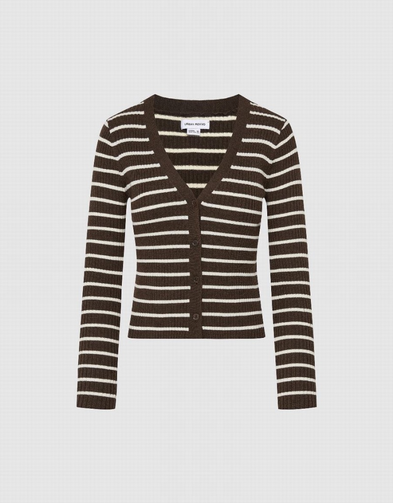 Urban Revivo Striped V-Neck Knitted Women's Cardigan Dark Brown | HCD4113JS