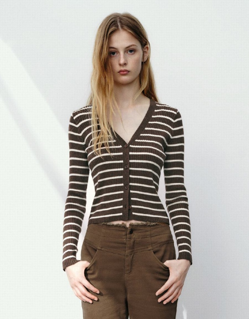 Urban Revivo Striped V-Neck Knitted Women\'s Cardigan Dark Brown | HCD4113JS