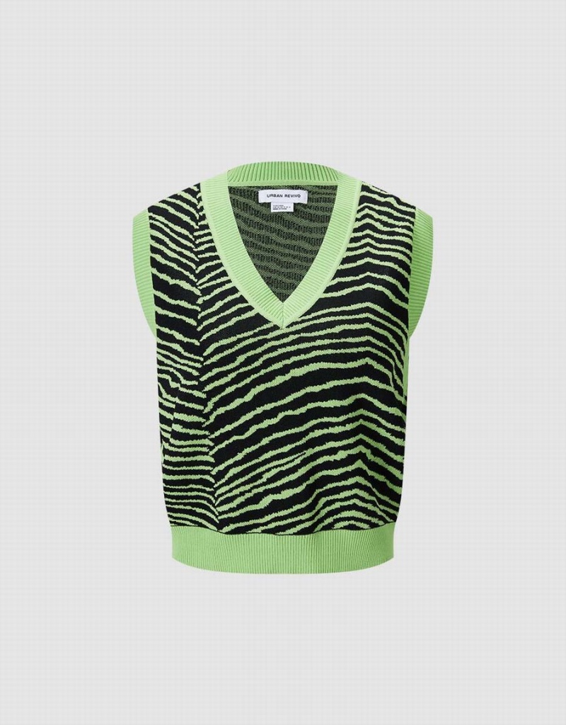 Urban Revivo Striped Women's Sweaters Green Black | QGW1943YE