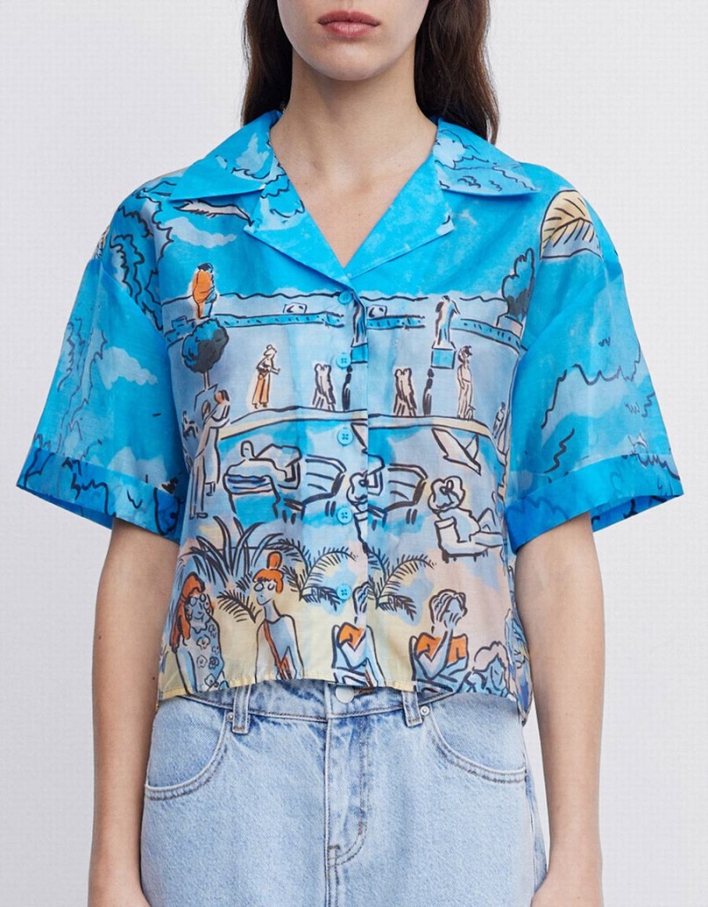 Urban Revivo Summer Landscape Women's Shirts Blue | AGY8442IM