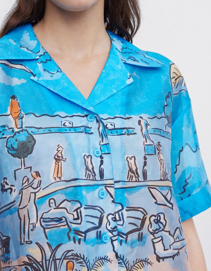 Urban Revivo Summer Landscape Women's Shirts Blue | AGY8442IM