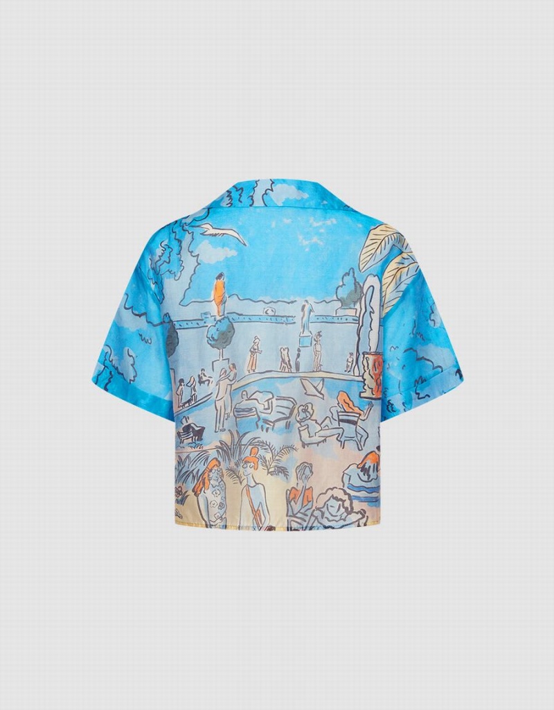 Urban Revivo Summer Landscape Women's Shirts Blue | AGY8442IM