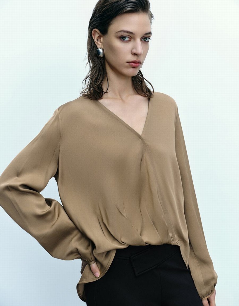 Urban Revivo Surplice Front V-Neck Overhead Women's Blouse Brown | PJW8529JT