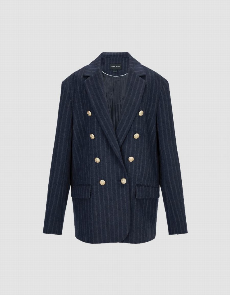 Urban Revivo Tailored Striped Notch Lapel Women's Blazers Blue | MTO6975IL