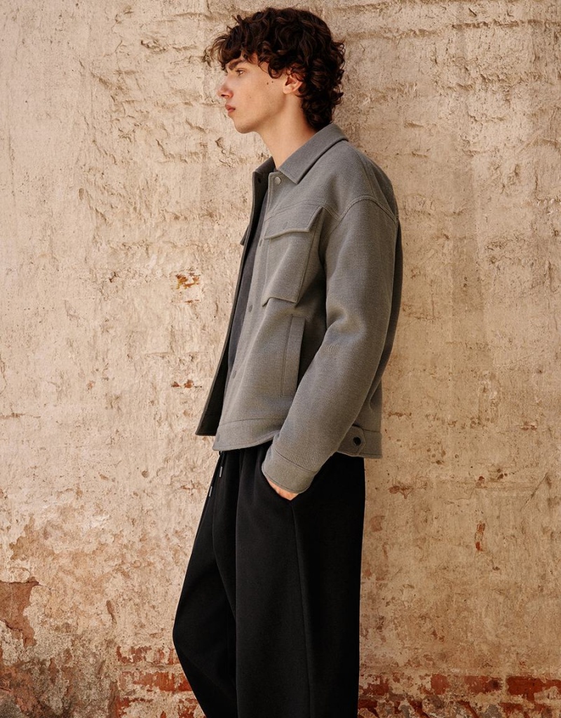 Urban Revivo Textured Button Up Straight Men's Jackets Light Grey | LKE4855SR