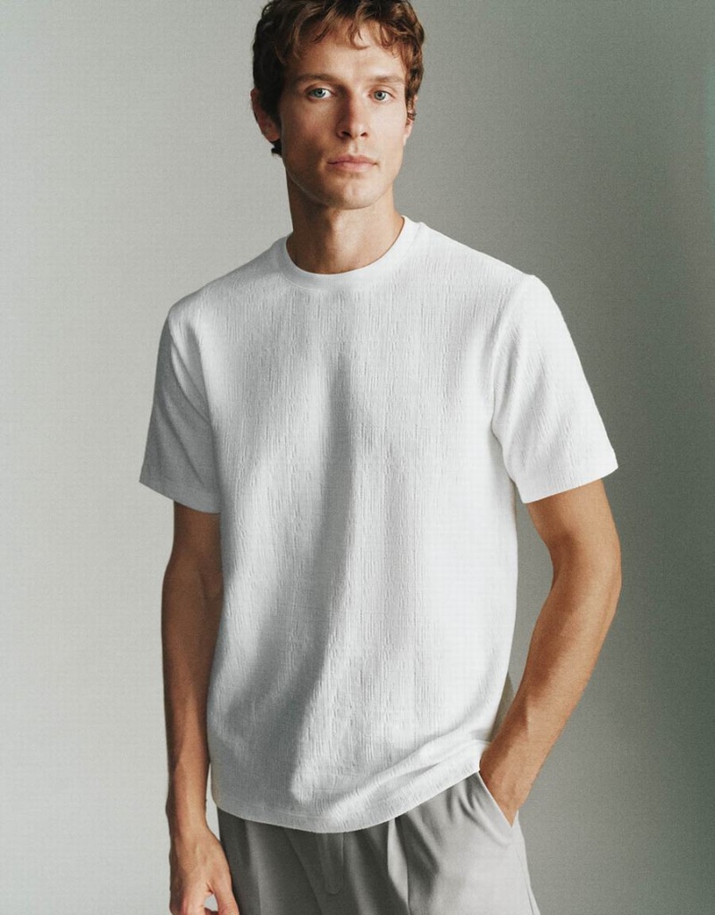 Urban Revivo Textured Crew Neck Knitted Men's T Shirts White | ROI9040ZO