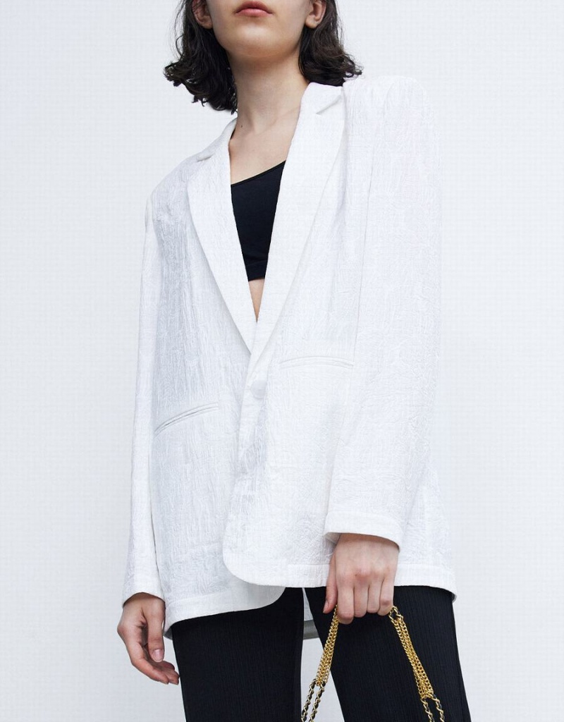 Urban Revivo Textured Single Breasted Women's Blazers White | TLP6138RB