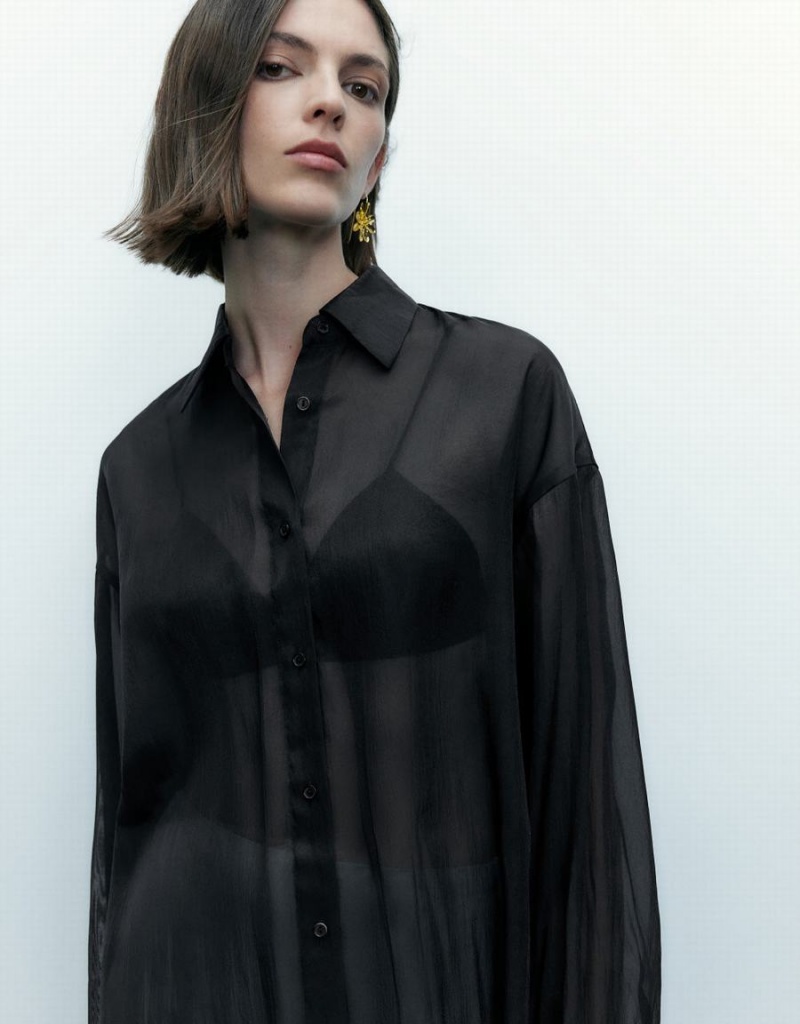 Urban Revivo Thin Button Up Loose Women's Shirts Black | KIY4068JL