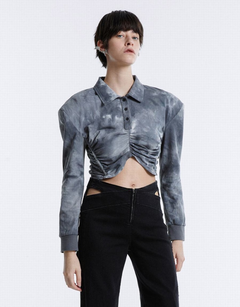 Urban Revivo Tie-Dye Ruched Crop Women's Blouse Grey | GQA2562BV