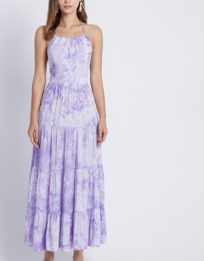 Urban Revivo Tie Dye Tiered Backless Halter Women's Dress Purple | LKW6747VG