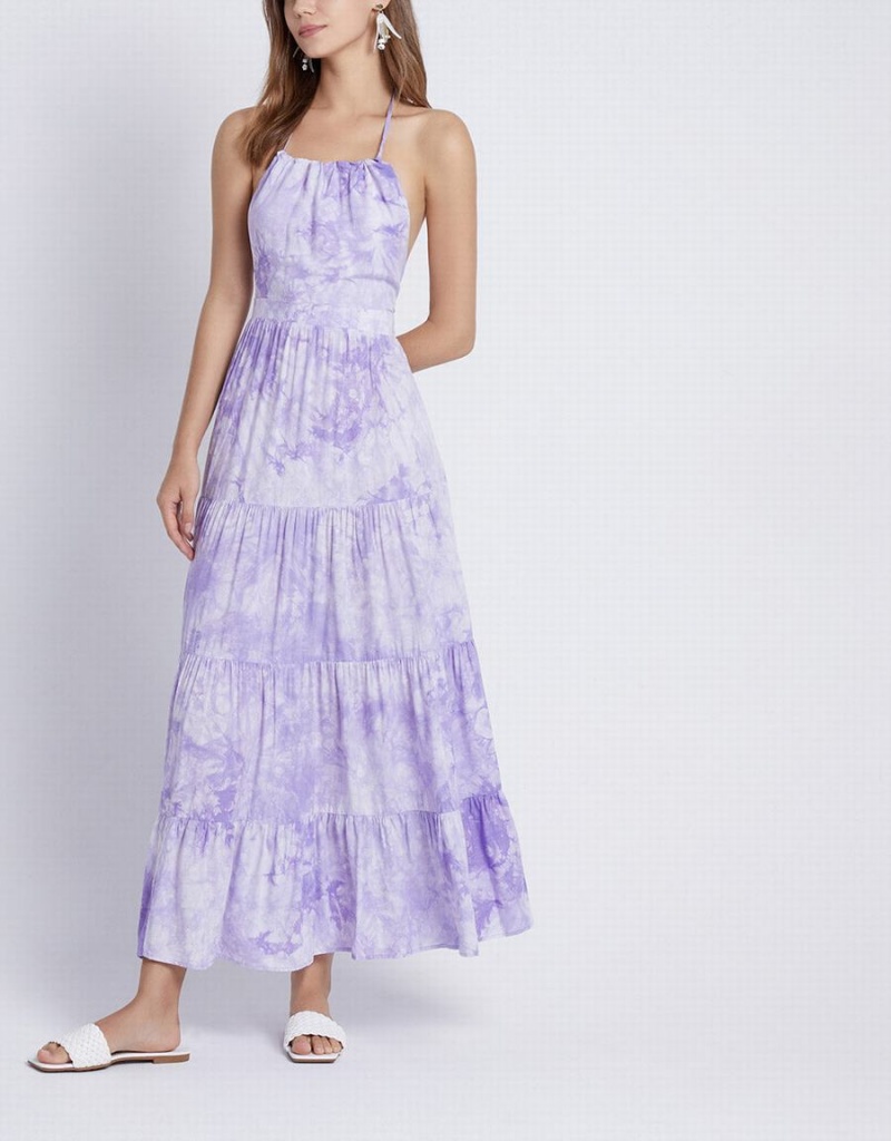 Urban Revivo Tie Dye Tiered Backless Halter Women's Dress Purple | LKW6747VG