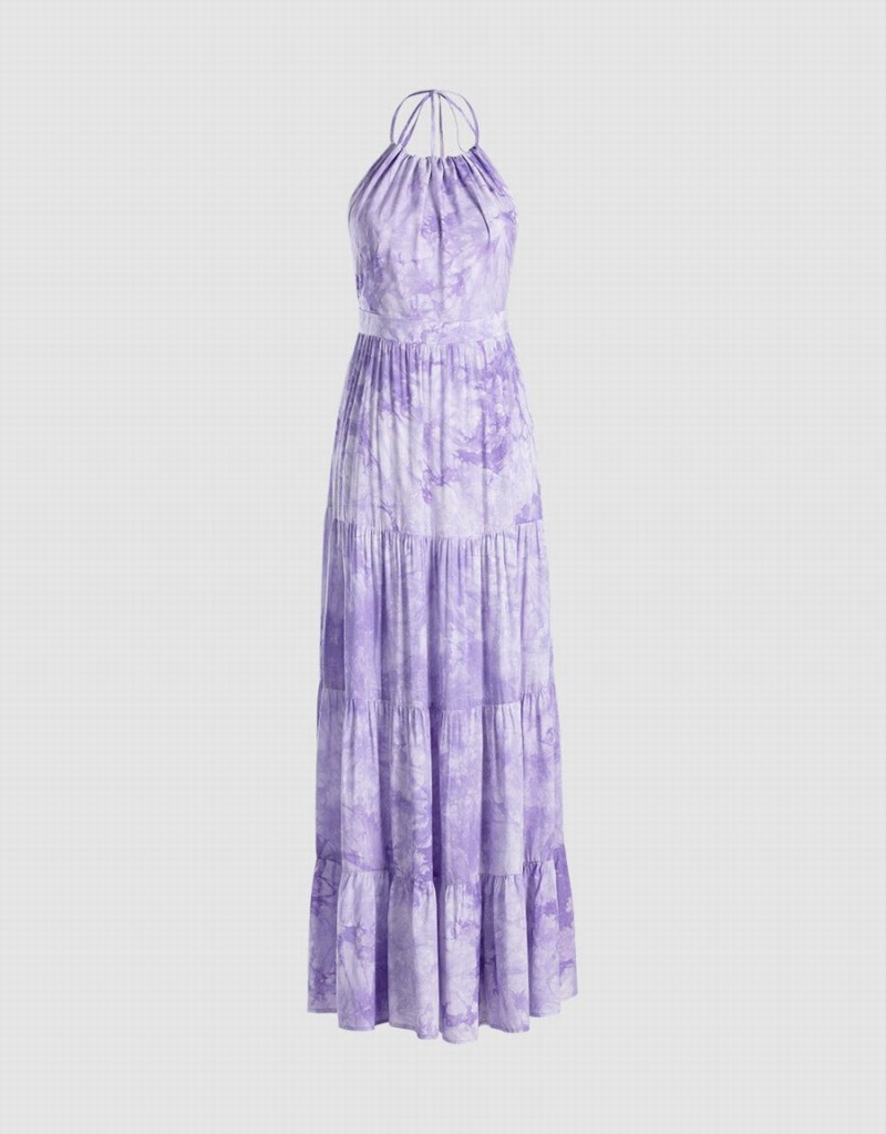 Urban Revivo Tie Dye Tiered Backless Halter Women\'s Dress Purple | LKW6747VG