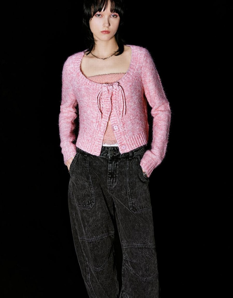 Urban Revivo Tie Front Crew Neck Knitted Women's Cardigan Pink | QHU3868CI