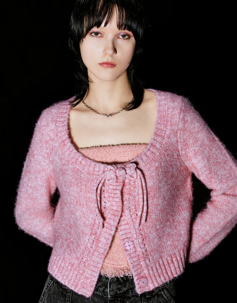 Urban Revivo Tie Front Crew Neck Knitted Women's Cardigan Pink | QHU3868CI